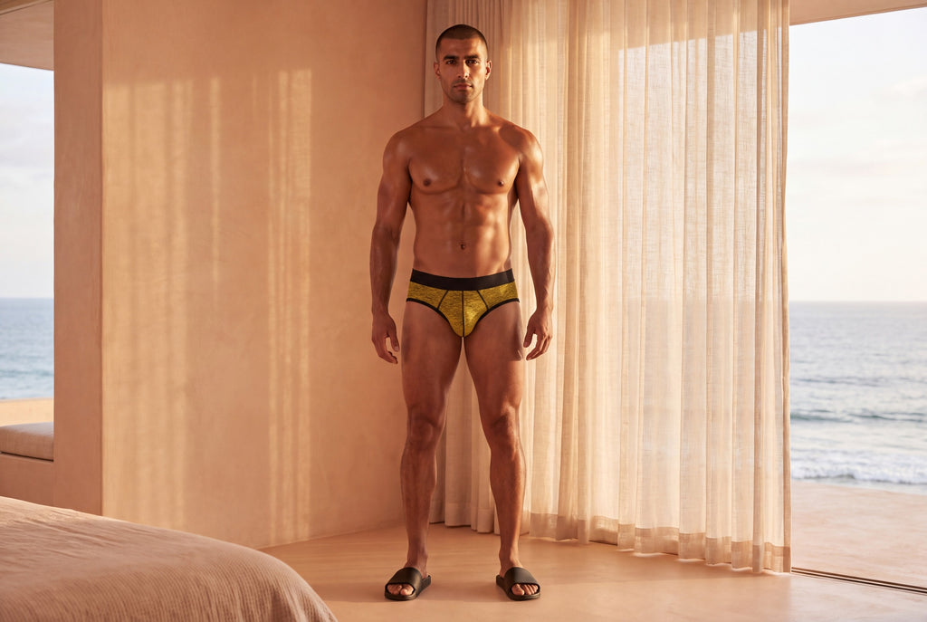 True Notions Brief — Canary / Black — worn, Canary / Black