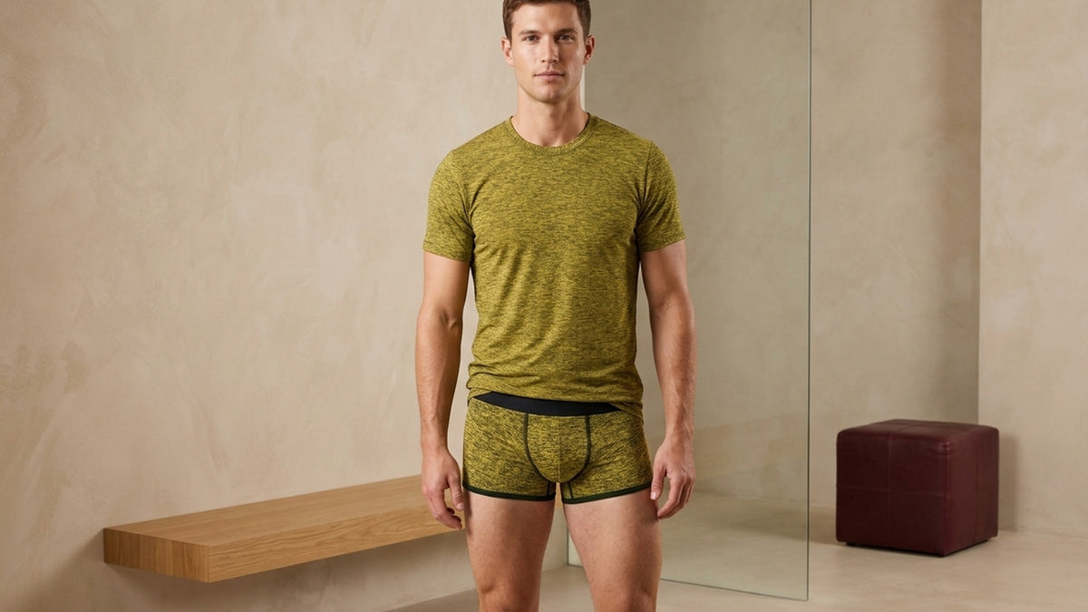 True Notions Canary Tee & Trunk Signature Set, worn by the model, front view