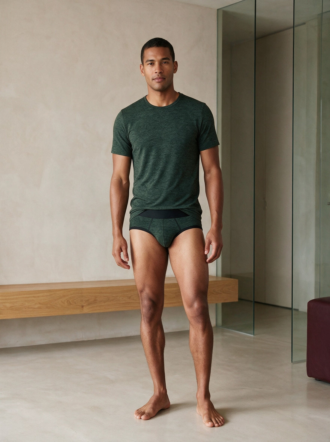Man in the Olive Tee & Brief Signature Set in Olive, front view