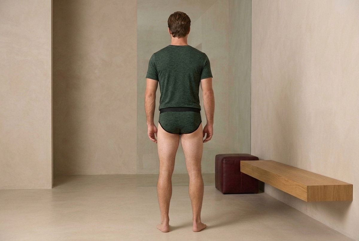 True Notions Olive Tee & Brief Signature Set, worn by the model, rear view