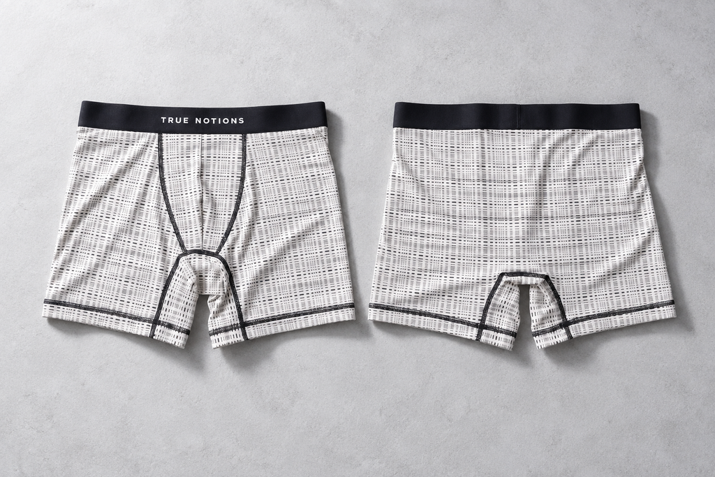 True Notions Tartan Boxer Brief — Ivory, worn by the model, flat lay