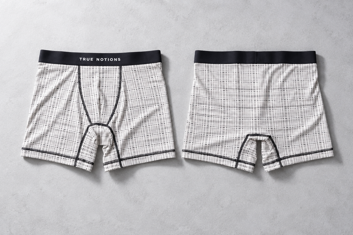 True Notions Tartan Boxer Brief — Ivory, worn by the model, flat lay