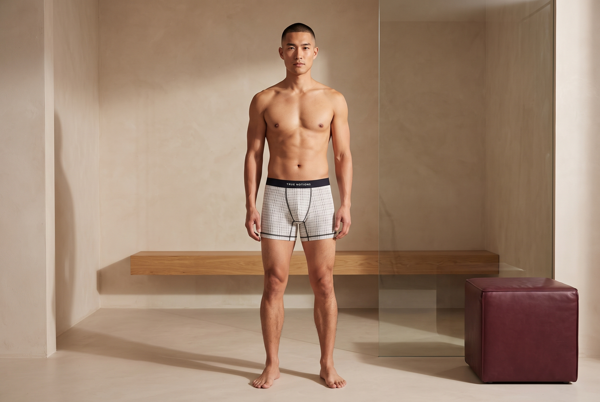 True Notions Tartan Boxer Brief — Ivory, worn by the model, front view