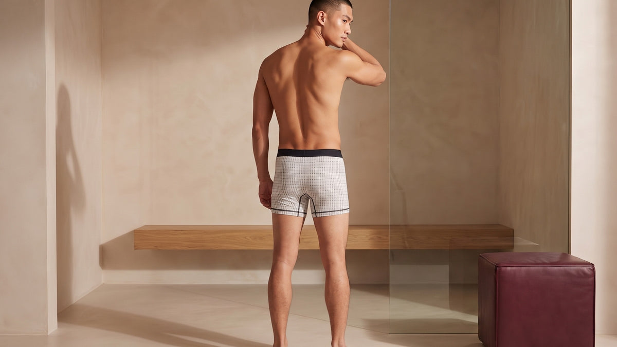 True Notions Tartan Boxer Brief — Ivory, worn by the model, rear view