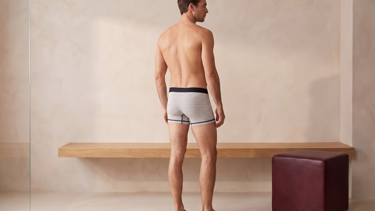 True Notions Tartan Boxer Brief — Ivory, worn by the model, rear view
