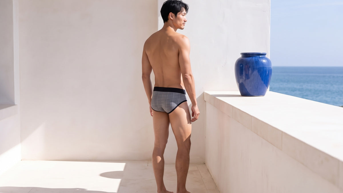 True Notions Tartan Brief — Grey, worn by the model, rear view