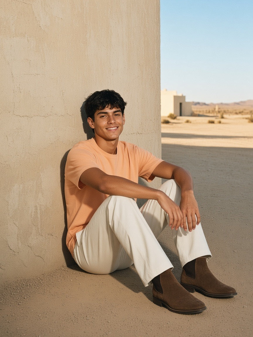 Man in the Boxy Drop Shoulder T-Shirt in Apricot sitting against an adobe wall in Marfa, Texas in the morning