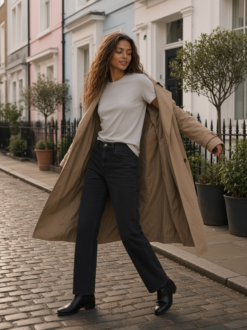 Woman in the Boxy Ribbed T-Shirt in Flower Gray pulling on a trench coat in a Mayfair mews in London in the morning