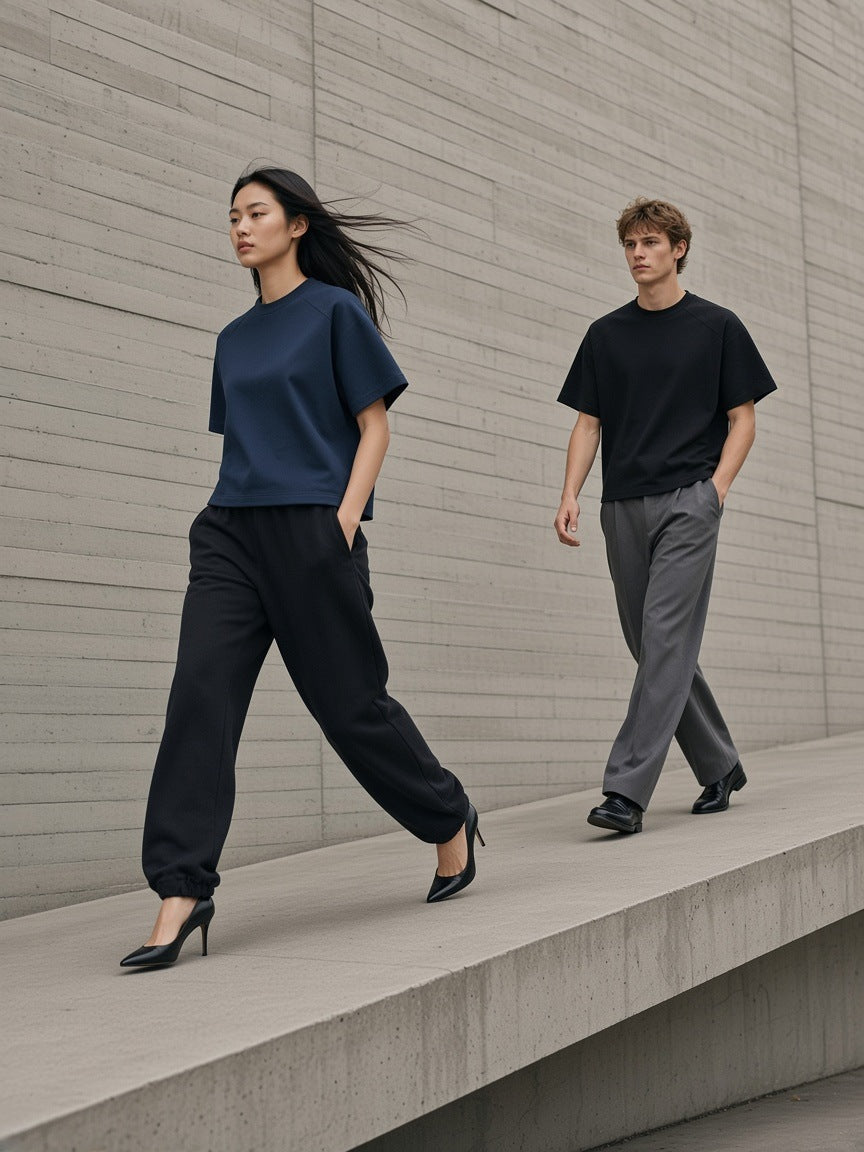 Two people in the Marcel Afters Boxy Tonal Paneling T-Shirt, her in Navy Blue with black joggers and heels and him in Black with grey trousers, walking along a concrete wall