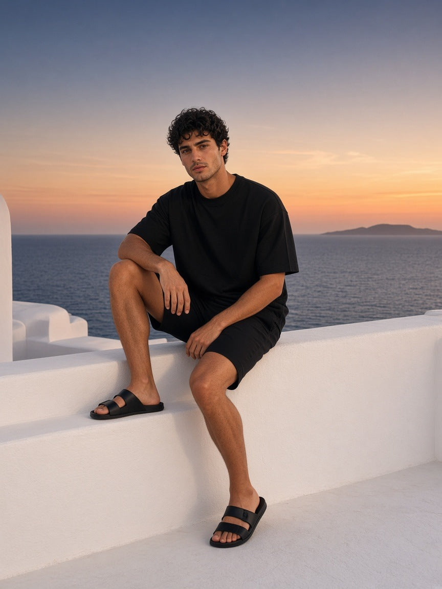 Boxy Tonal Paneling T-Shirt in Black, à deux, worn by him
