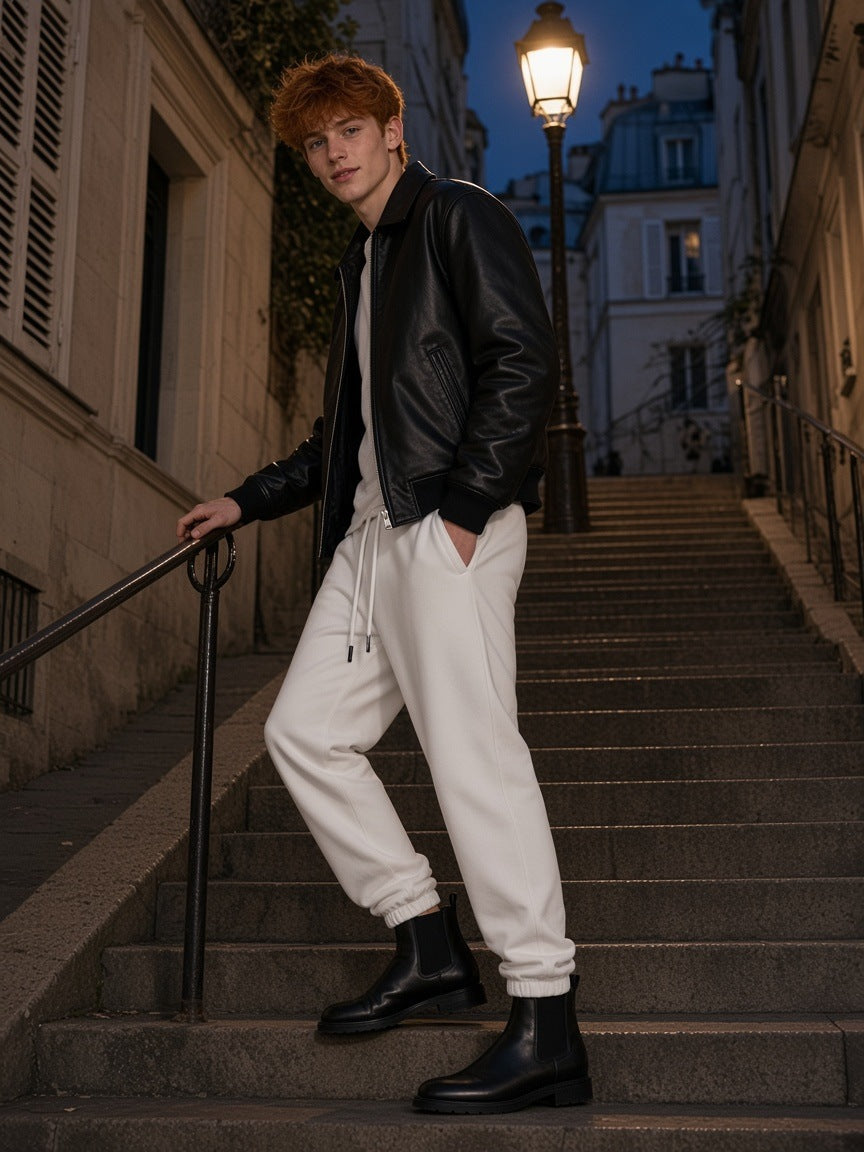 Man in the Marcel Afters Heavyweight Fleece Joggers in White climbing the Montmartre steps in Paris at night
