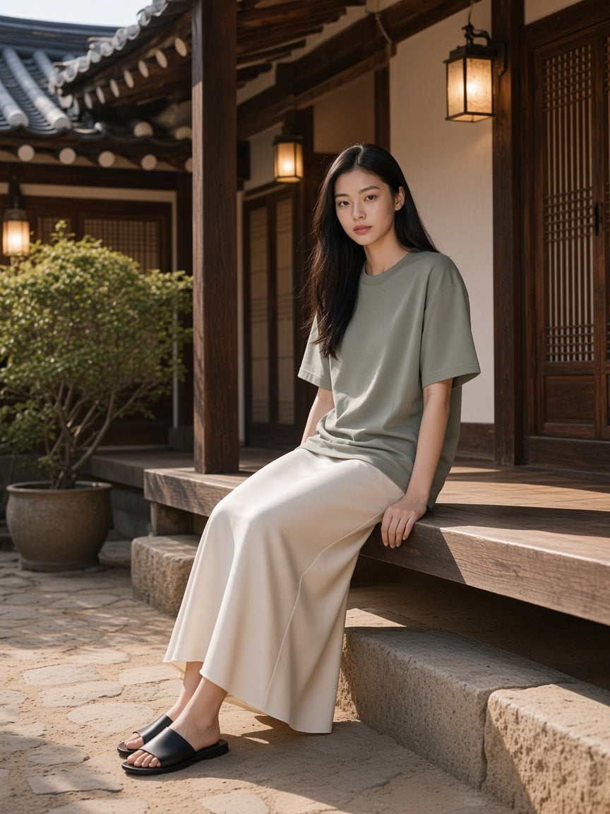Woman in the Heavyweight Oversized T-Shirt in Gray Green standing in a hanok courtyard in Seoul in the morning