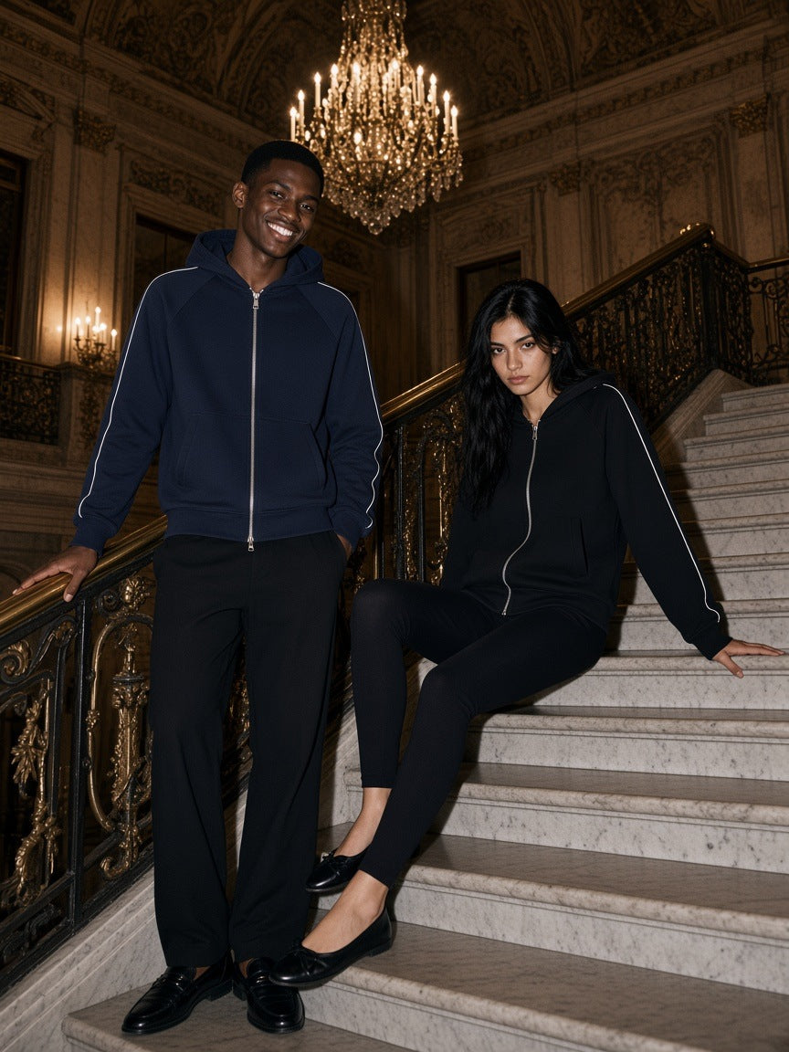 Two people in the Marcel Afters Heavyweight Raglan Sleeve Zip Hoodie in Navy Blue and Black on a Milan palazzo staircase at night