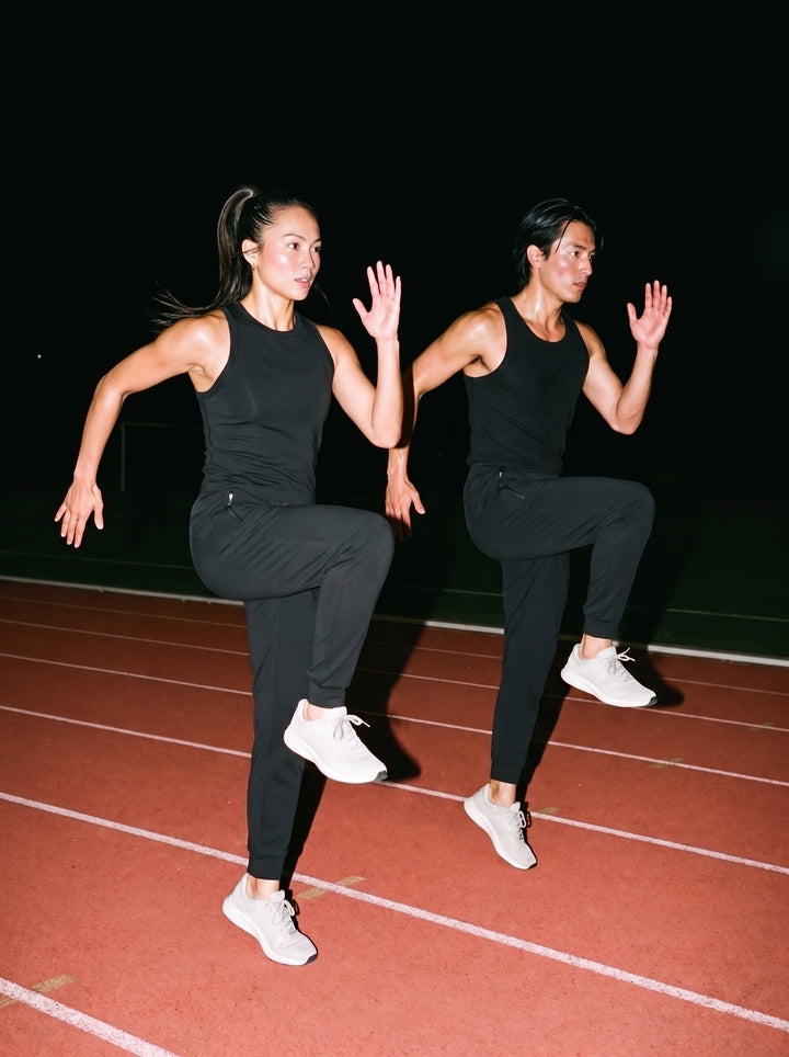 Two people in the Lightweight Tapered Track Pants, a man in Black and a woman in Black, doing high-knee sprint drills on a track at night