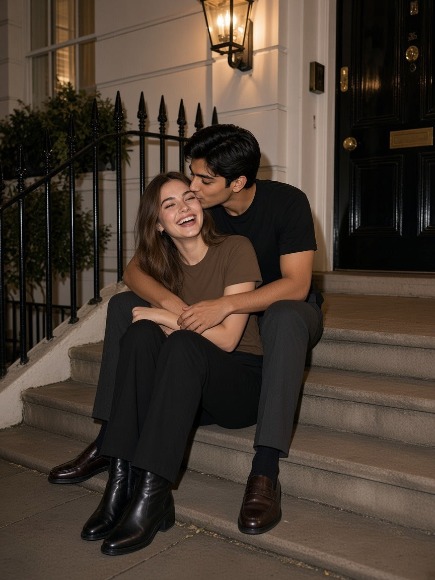 Marcel Afters Mid-Weight Cotton T-Shirt — Dark, Black and Coffee, couple on London townhouse steps at night
