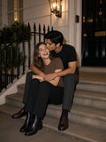 Marcel Afters Mid-Weight Cotton T-Shirt — Dark, Black and Coffee, couple on London townhouse steps at night