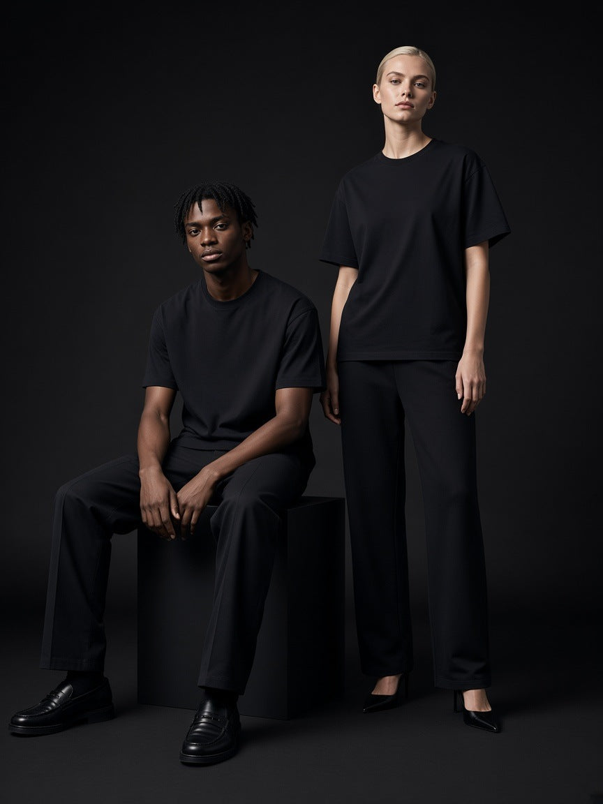 Two people in the Oversized Cotton T-Shirt in Black in a charcoal studio