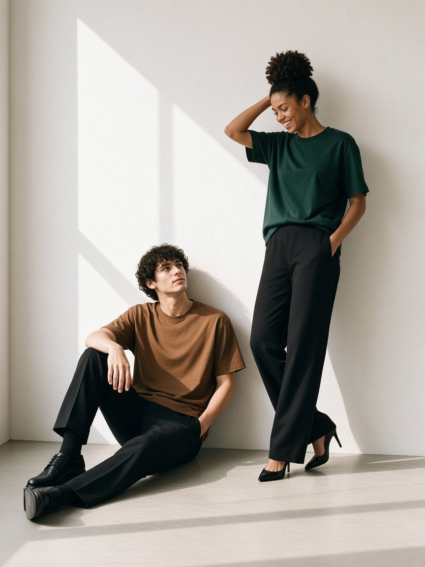 Two people in the Oversized Drop Shoulder T-Shirt in Dark Green and Brown, a woman laughing and a man sitting against a sunlit plaster wall in the morning