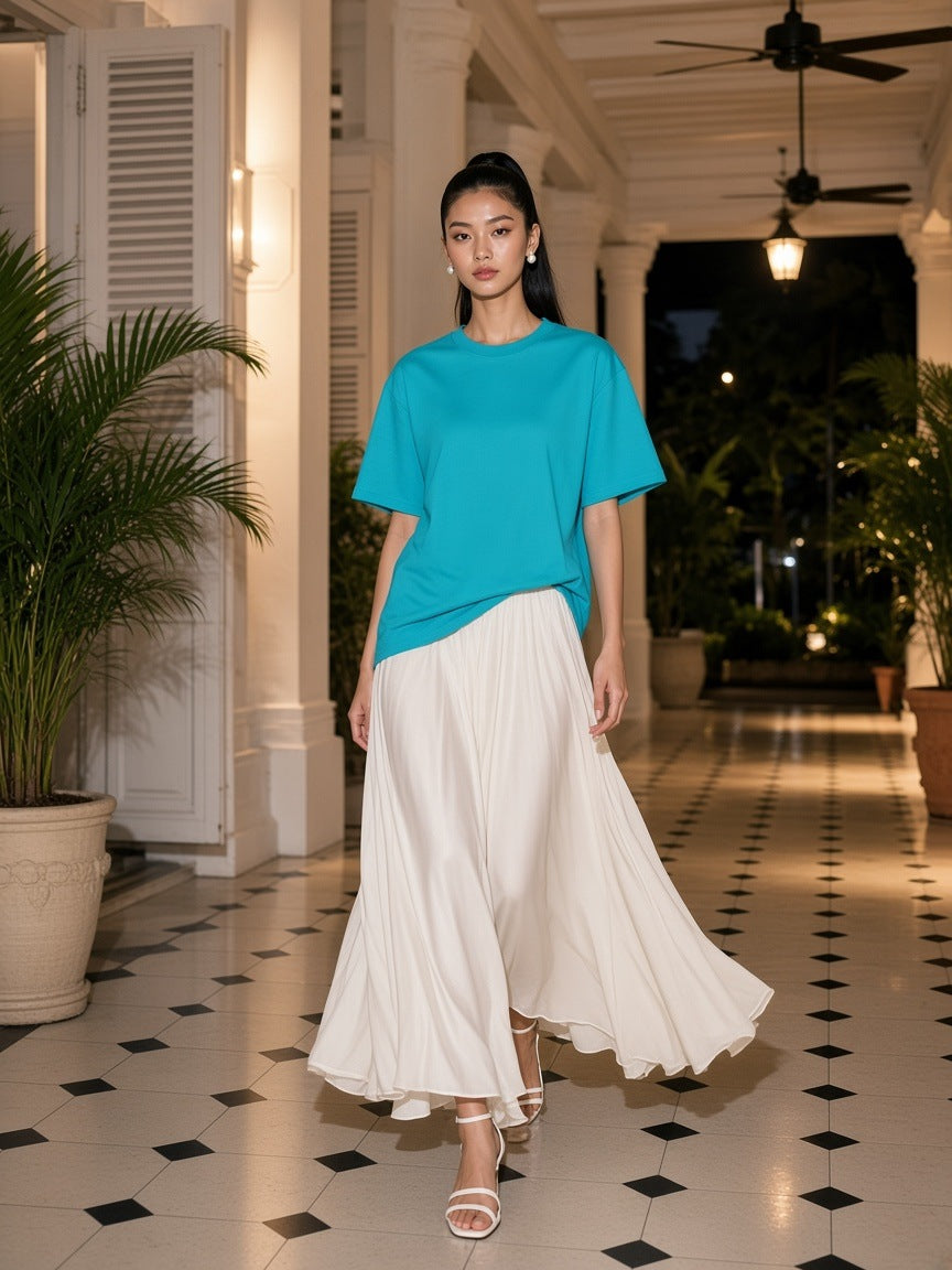 Oversized Drop Shoulder T-Shirt in Lake Blue, à deux, worn by her