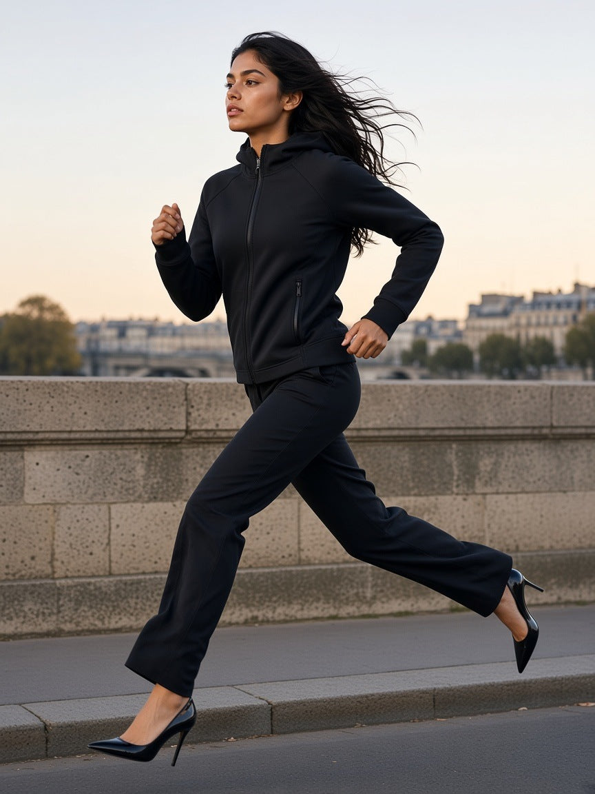 Woman in the Marcel Afters Paneled Full-Zip Hoodie in Black, on an empty stone quai at dawn in Paris