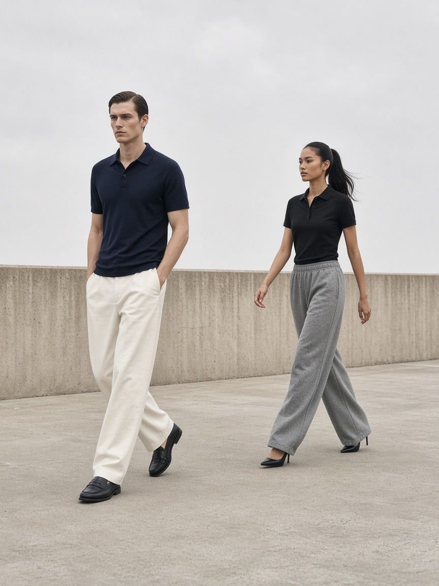 Two people in the Marcel Afters Regular Fit Polo Shirt in Navy Blue and Black, walking apart on a raw concrete terrace in Los Angeles