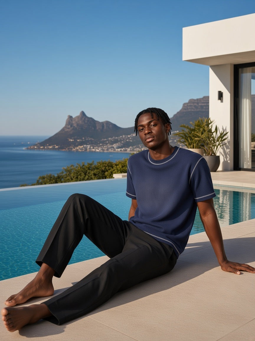 Man in the Sunfade Waffle Boxy T-Shirt in Navy, at a villa infinity pool in the morning in Cape Town