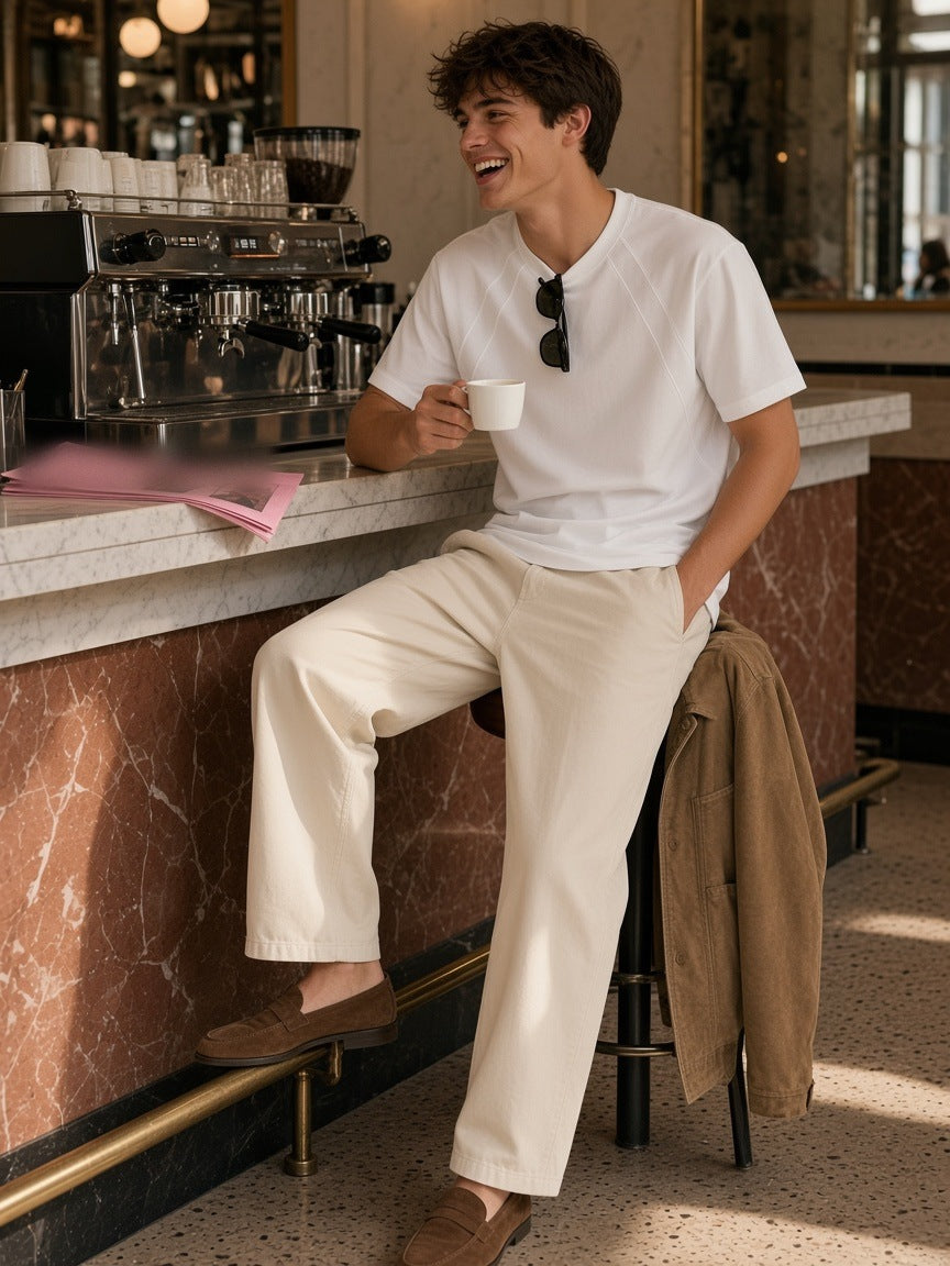 Woman in the Tonal Paneled Performance T-Shirt in White walking down a travertine palazzo stair in Milan in the morning