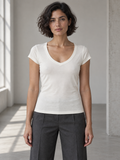 Essential V-Neck Bodycon T-Shirt in White, women model front view