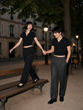 Marcel Afters V-Neck Lapel Crop Top — Dark, Black, couple in the Place Dauphine, Paris, at night