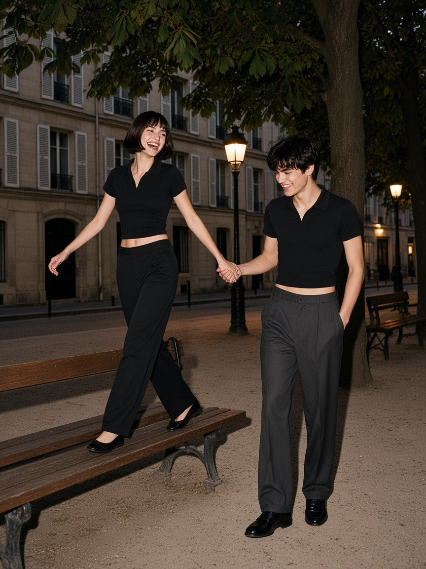 Marcel Afters V-Neck Lapel Crop Top — Dark, Black, couple in the Place Dauphine, Paris, at night