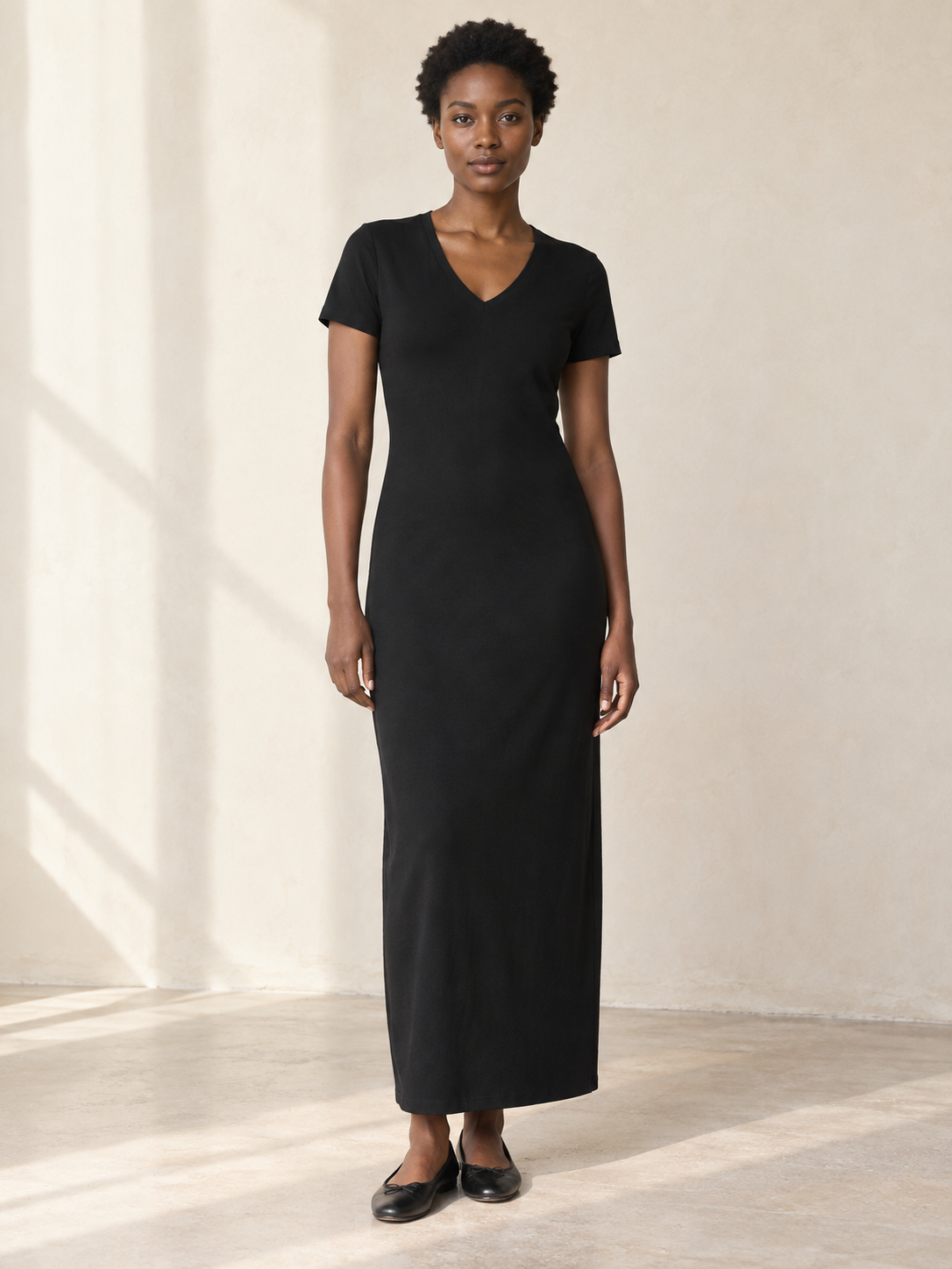 Women's V-Neck Short Sleeve Maxi Dress in Black, women model front view
