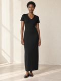 Women's V-Neck Short Sleeve Maxi Dress in Black, women model front view