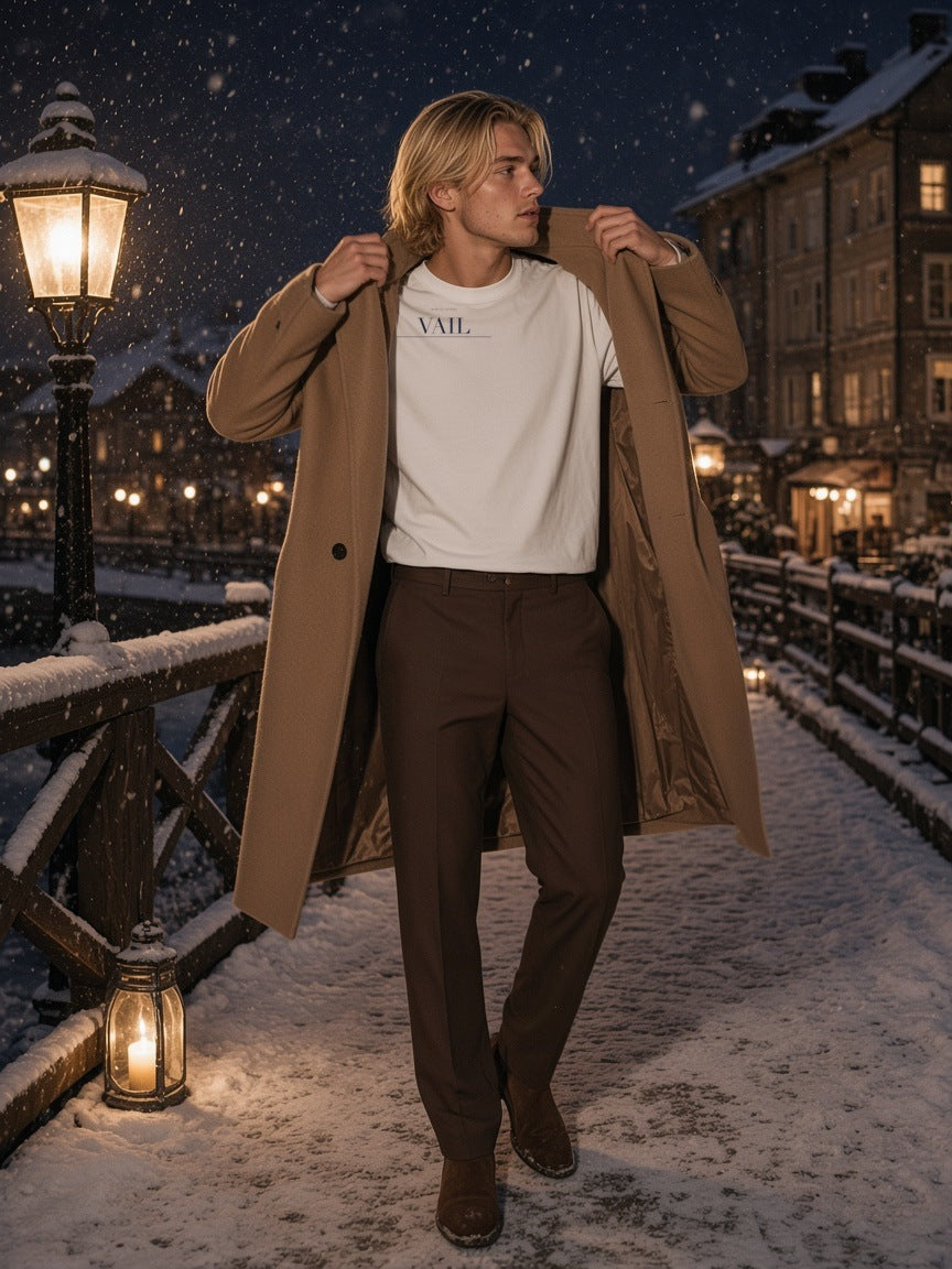 Man in the Vail Heavyweight Drop Shoulder T-Shirt in White by a steaming lodge pool in Vail at night