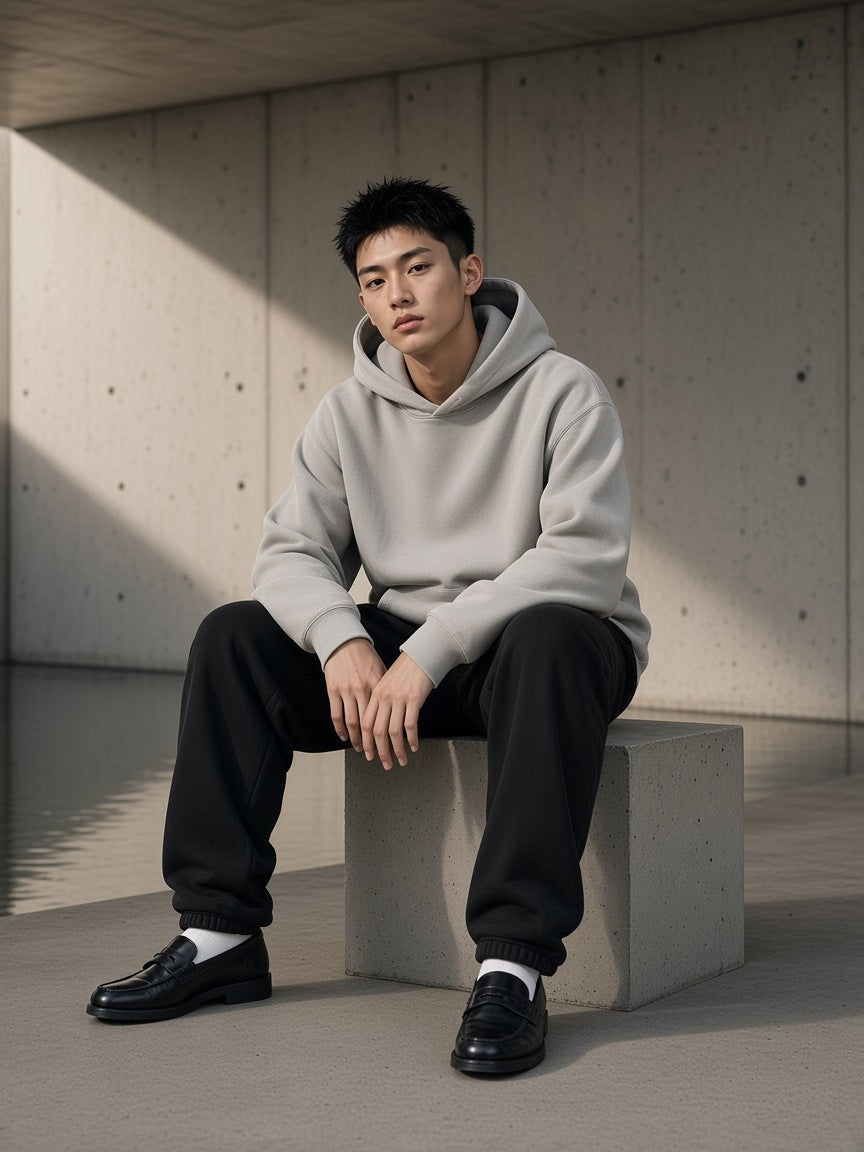 Vintage Wash Boxy Hoodie in Light Gray, à deux, worn by him