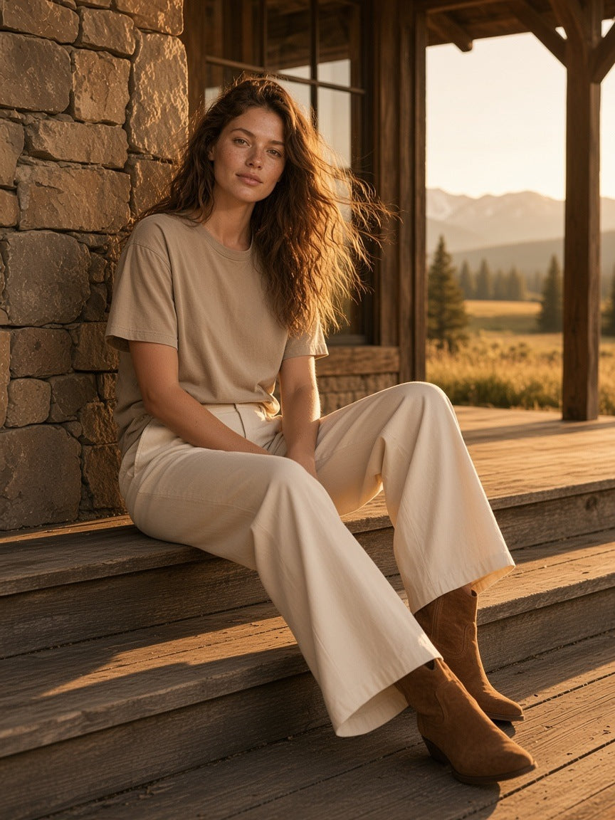Woman in the Vintage Wash Boxy T-Shirt, 230 gsm in Light Coffee on a ranch lodge porch in Wyoming in the morning