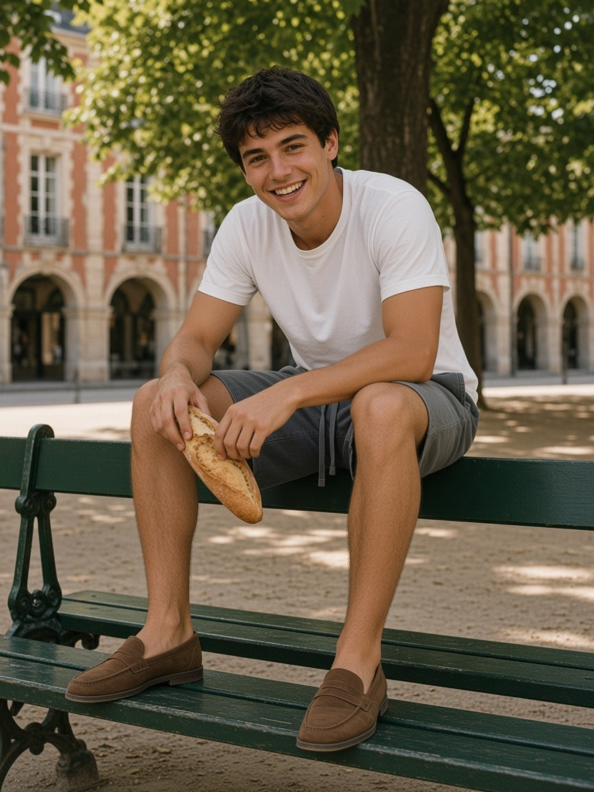 Man in the Vintage Wash Cotton Shorts in Dark Gray sitting on a park bench backrest with a baguette in the Place des Vosges