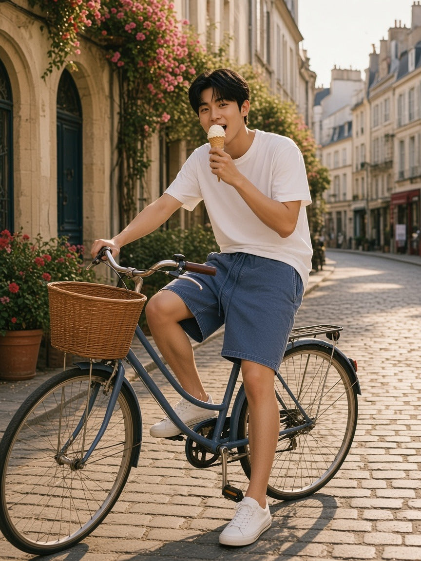 Man in the Vintage Wash Cotton Shorts in Navy Blue on a city bicycle with an ice cream in the Marais