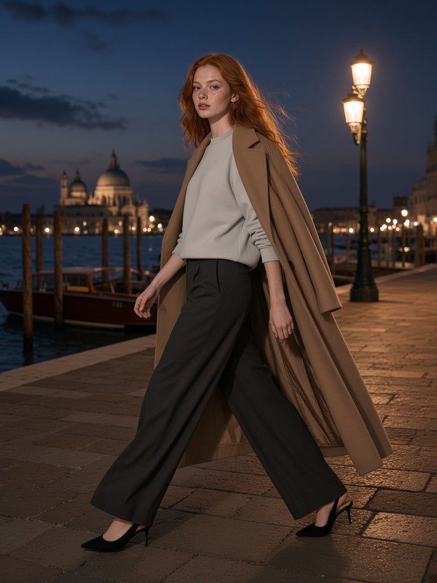 Woman in the Vintage Wash Crewneck Sweatshirt in Light Gray with charcoal wide trousers and a camel coat, walking the Zattere quay in Venice at blue hour