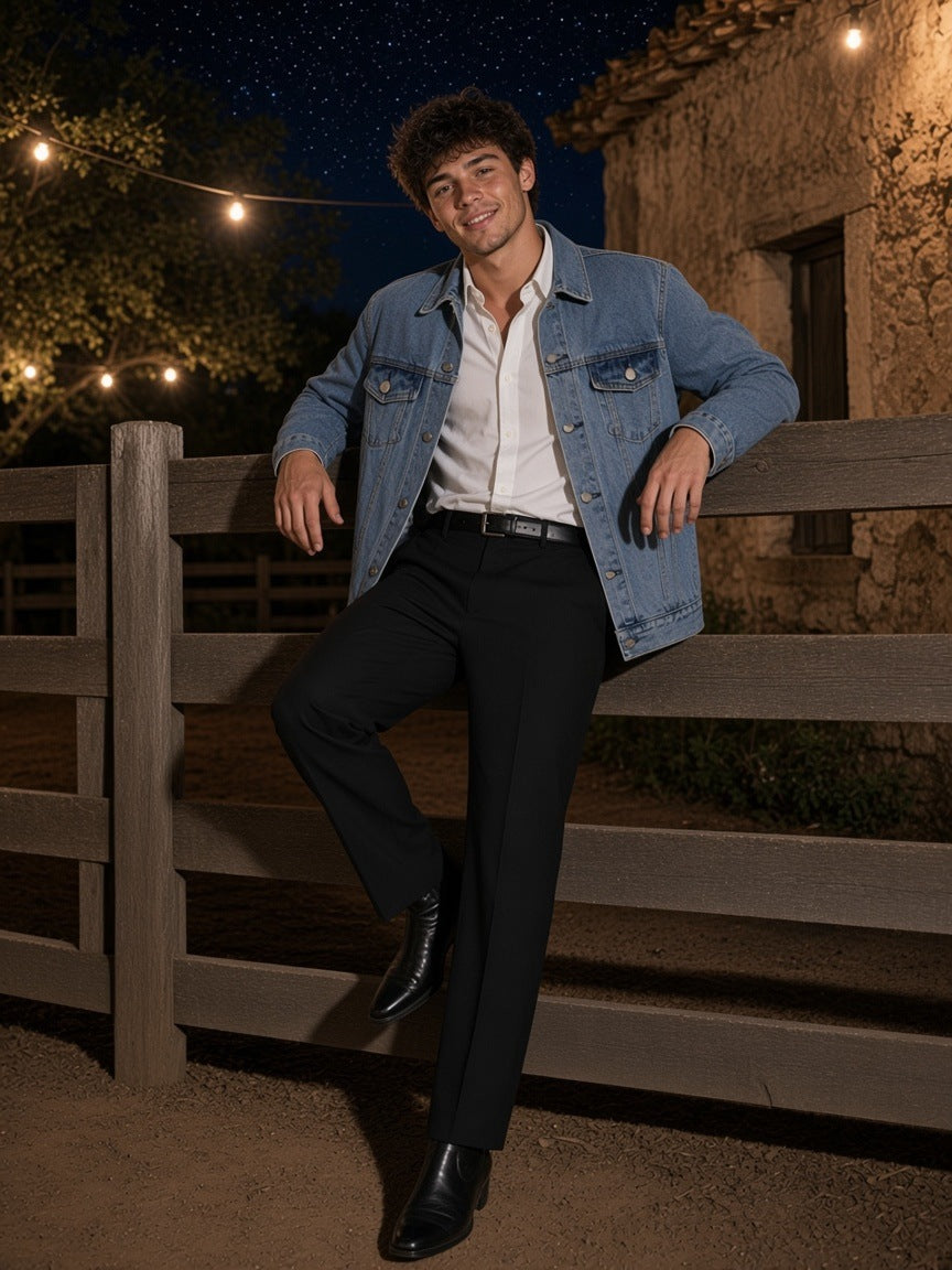 Man in a light vintage wash denim jacket and black trousers on a farm fence under string lights at night