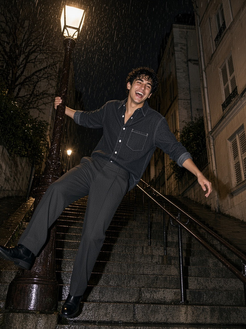 Man in the Vintage Wash Denim Shirt in Black, swinging from a lamppost on a Montmartre stairway in the rain