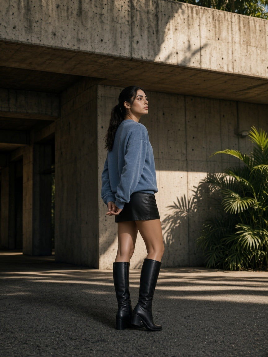 Woman in the Vintage Wash Fleece Sweatshirt in Washed Blue walking under Brutalist concrete in São Paulo by day