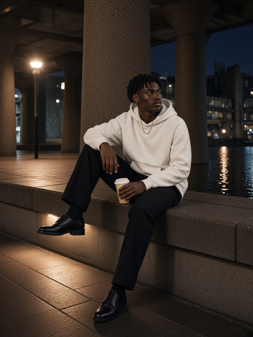 Man in the Vintage Wash Raw Edge Boxy Hoodie in White with black trousers and Derby shoes, tea in hand on a concrete planter by the Barbican lake in London at night