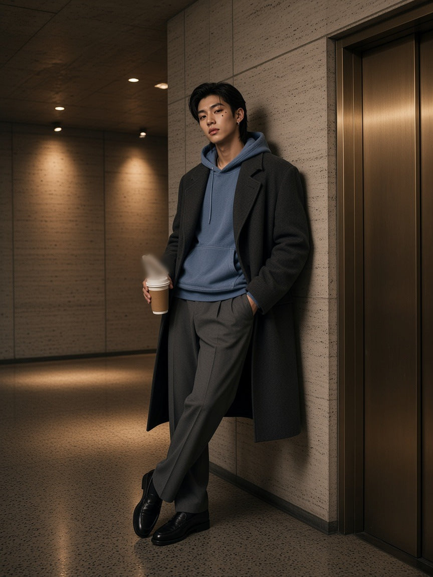 Man in the Vintage Wash Waffle Boxy Hoodie in Jeans Blue under a charcoal overcoat in a brutalist lift lobby at night