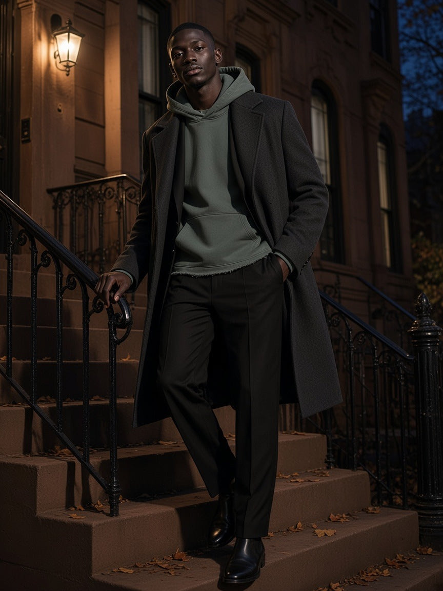 Man in the Marcel Afters Vintage Washed Frayed-Hem Hoodie in Gray Green under a long charcoal coat, on a brownstone stoop at night