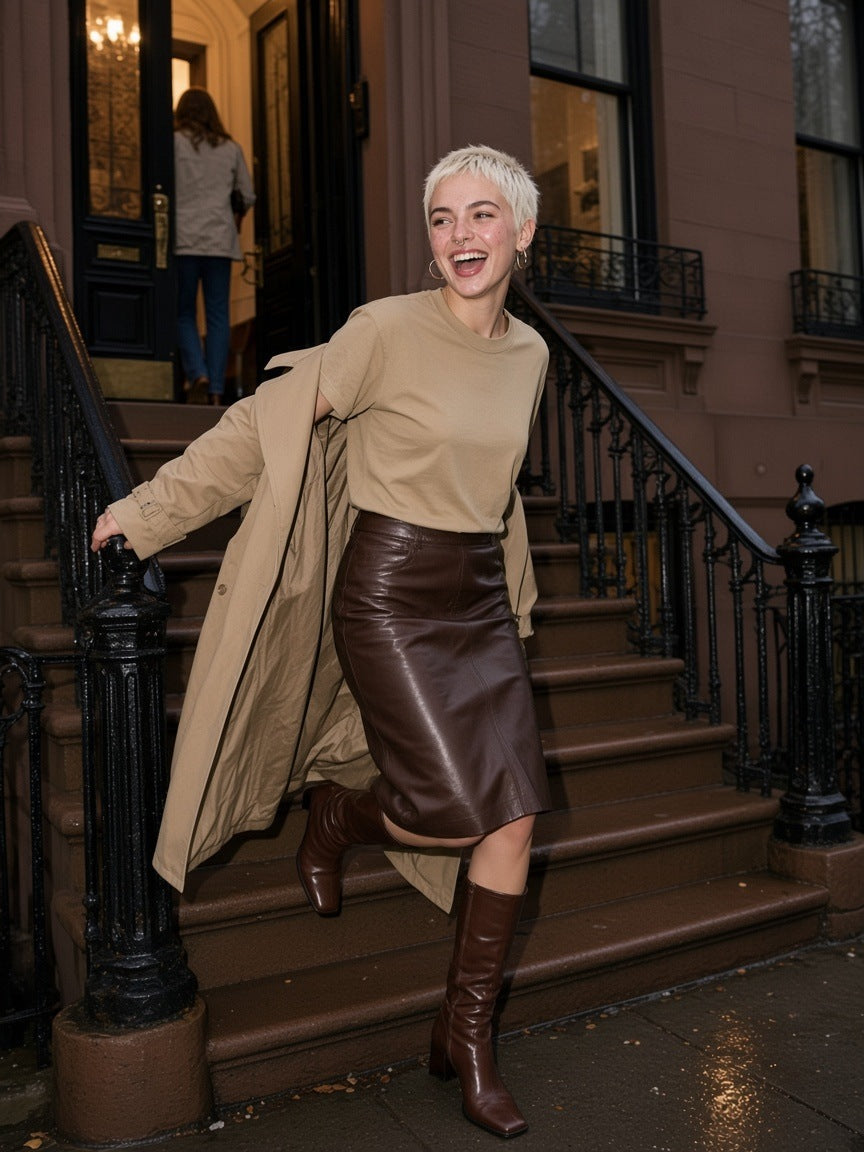 Woman in the Vintage Washed Oversized Cotton T-Shirt in Khaki with a brown leather midi skirt and trench, running down a Harlem brownstone stoop in New York at night