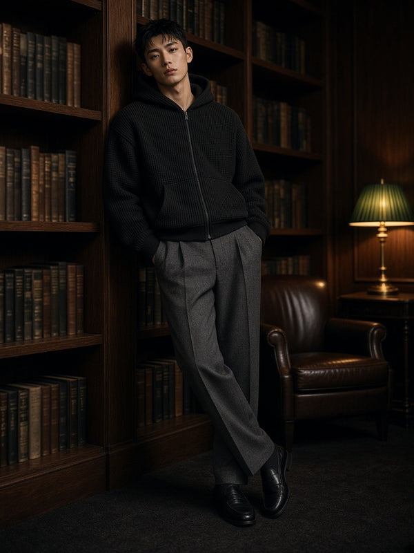 Marcel Afters Waffle Boxy Full Zip Hoodie — Dark