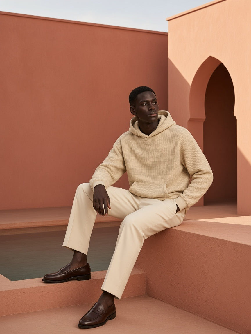 Man in the Waffle Boxy Hoodie in Apricot with cream trousers, by a reflecting pool in a pink plaster riad in Marrakech by day
