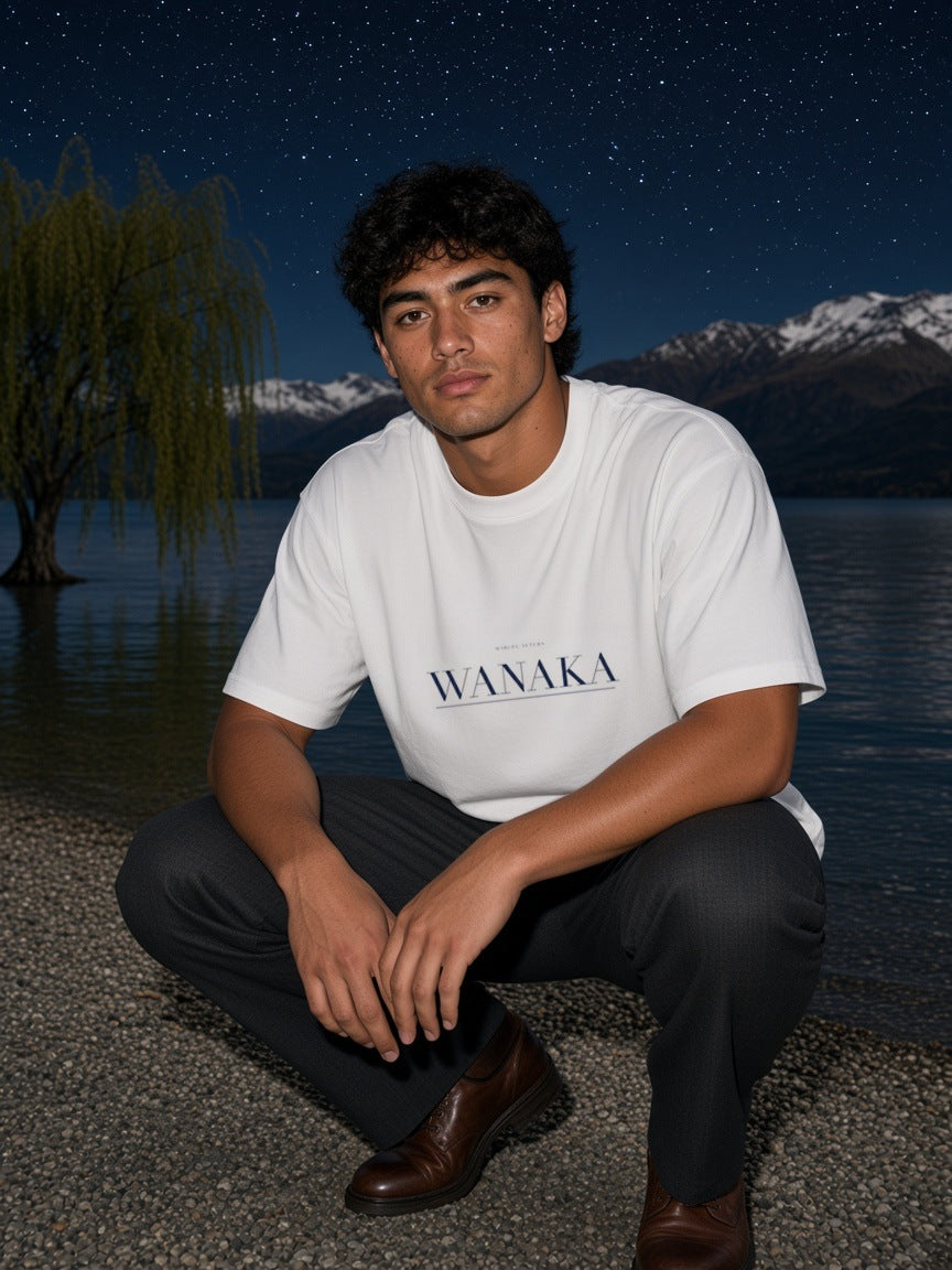 Man in the Wanaka Heavyweight Drop Shoulder T-Shirt in White with the navy Wanaka city plate, crouched on a lakeside dock under the mountains in Wanaka at night