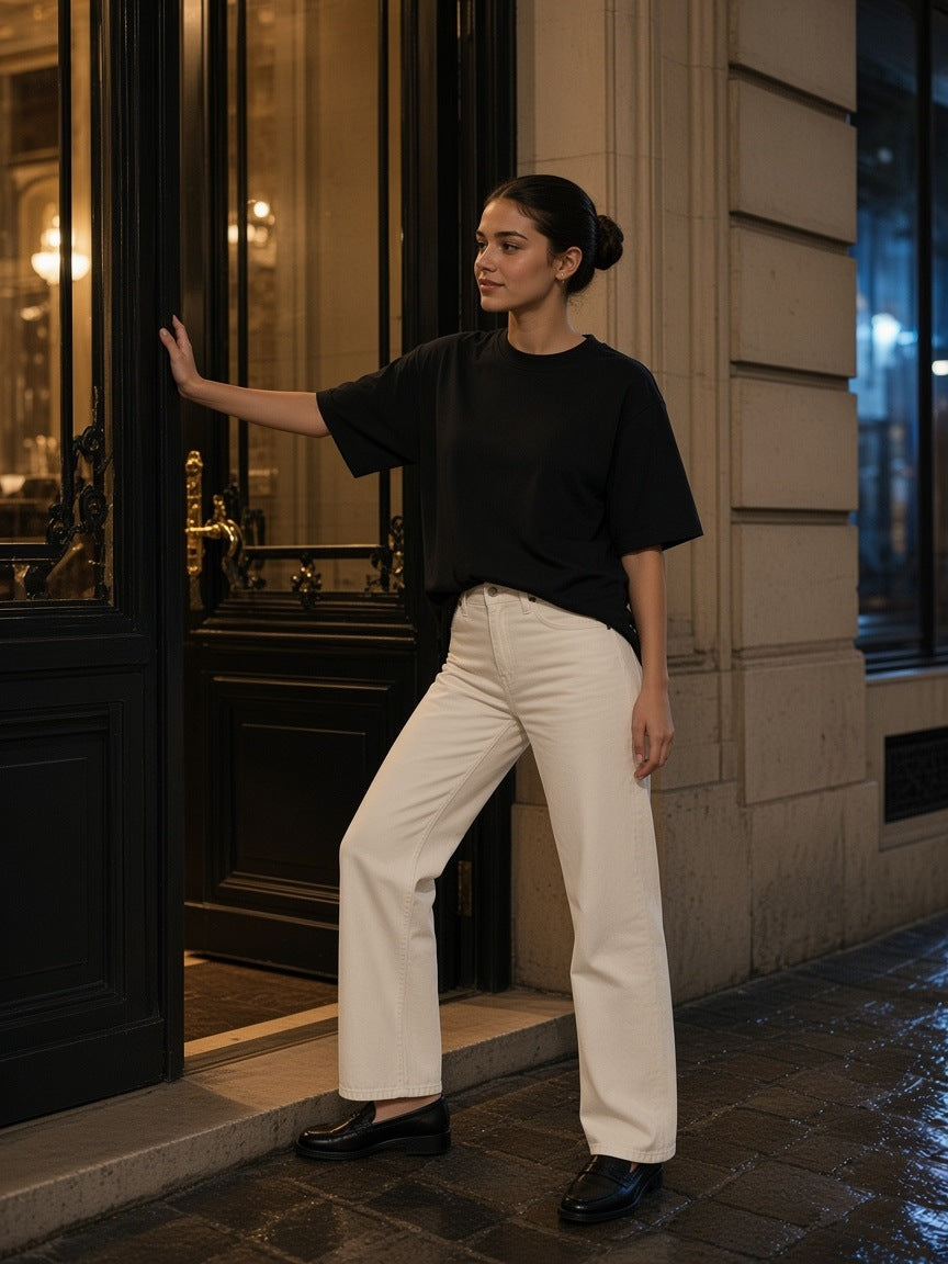Woman in the Women's Heavyweight Earth Tone T-Shirt in Black and ecru jeans, pushing open a black lacquered door on a Paris street at night