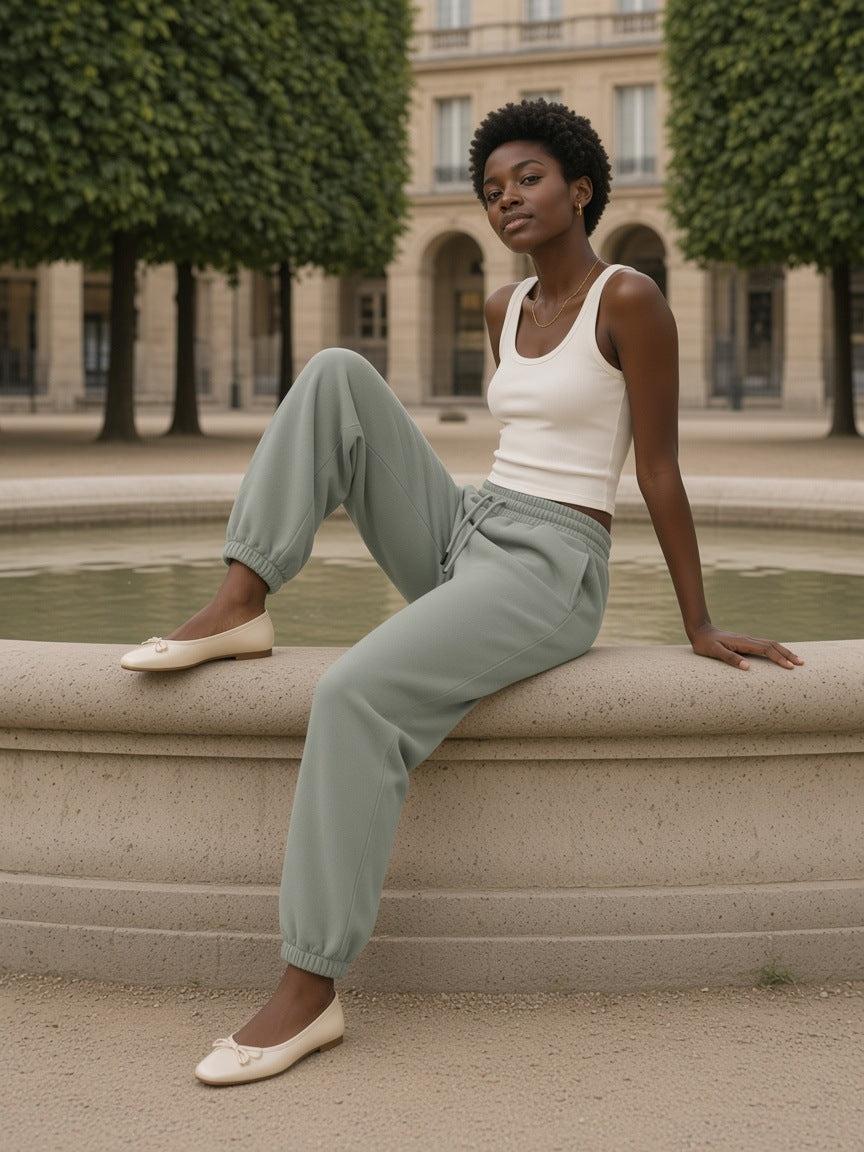 Woman in the Women's Heavyweight Fleece Joggers in Grayish Green seated on a stone fountain rim in the Palais-Royal gardens, Paris
